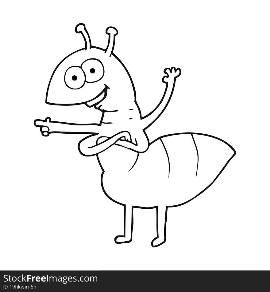 freehand drawn black and white cartoon ant