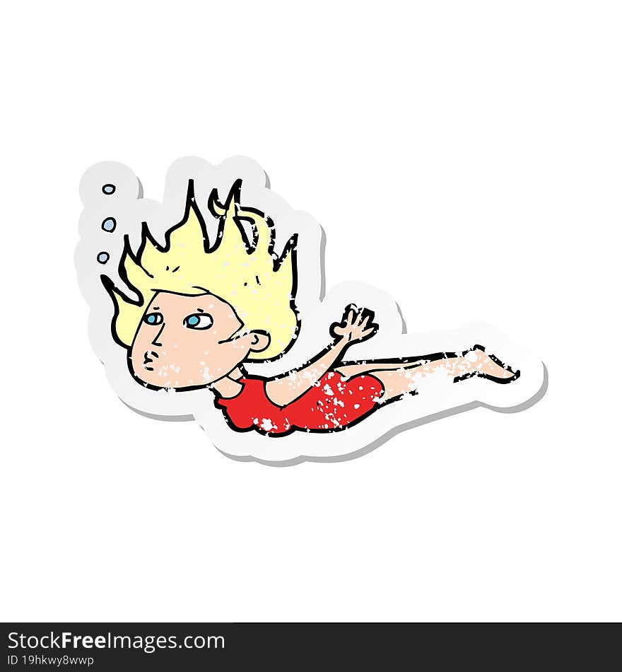 retro distressed sticker of a cartoon woman swimming underwater