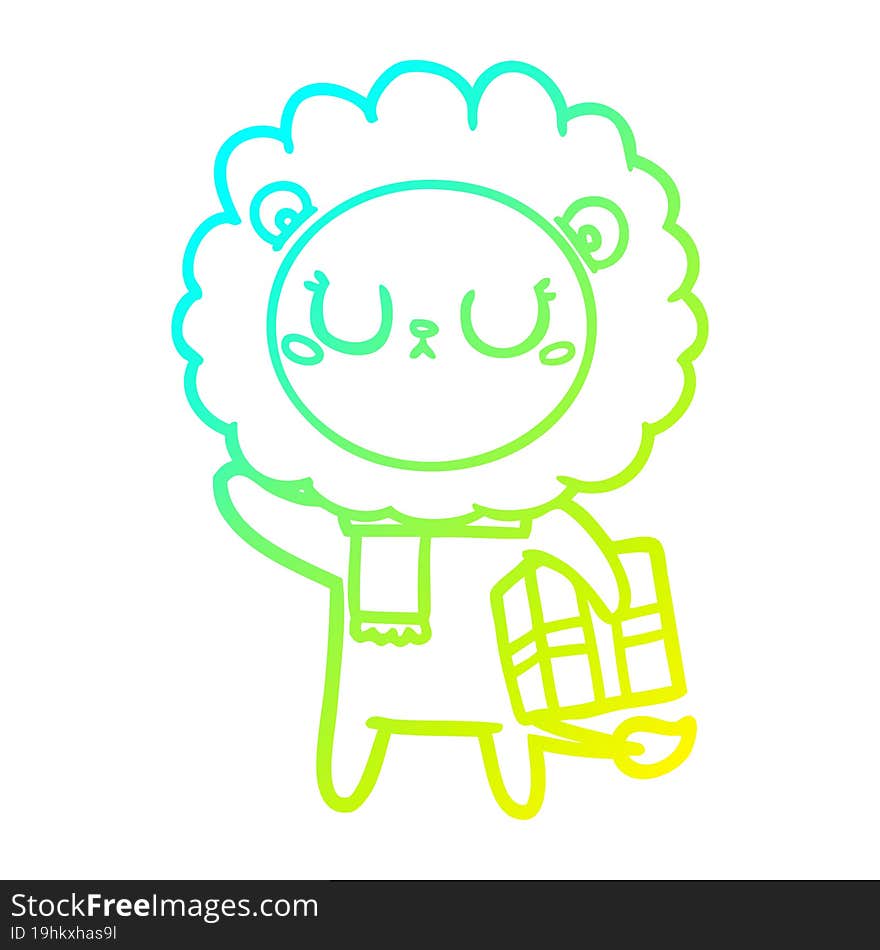 cold gradient line drawing of a cartoon lion with christmas present