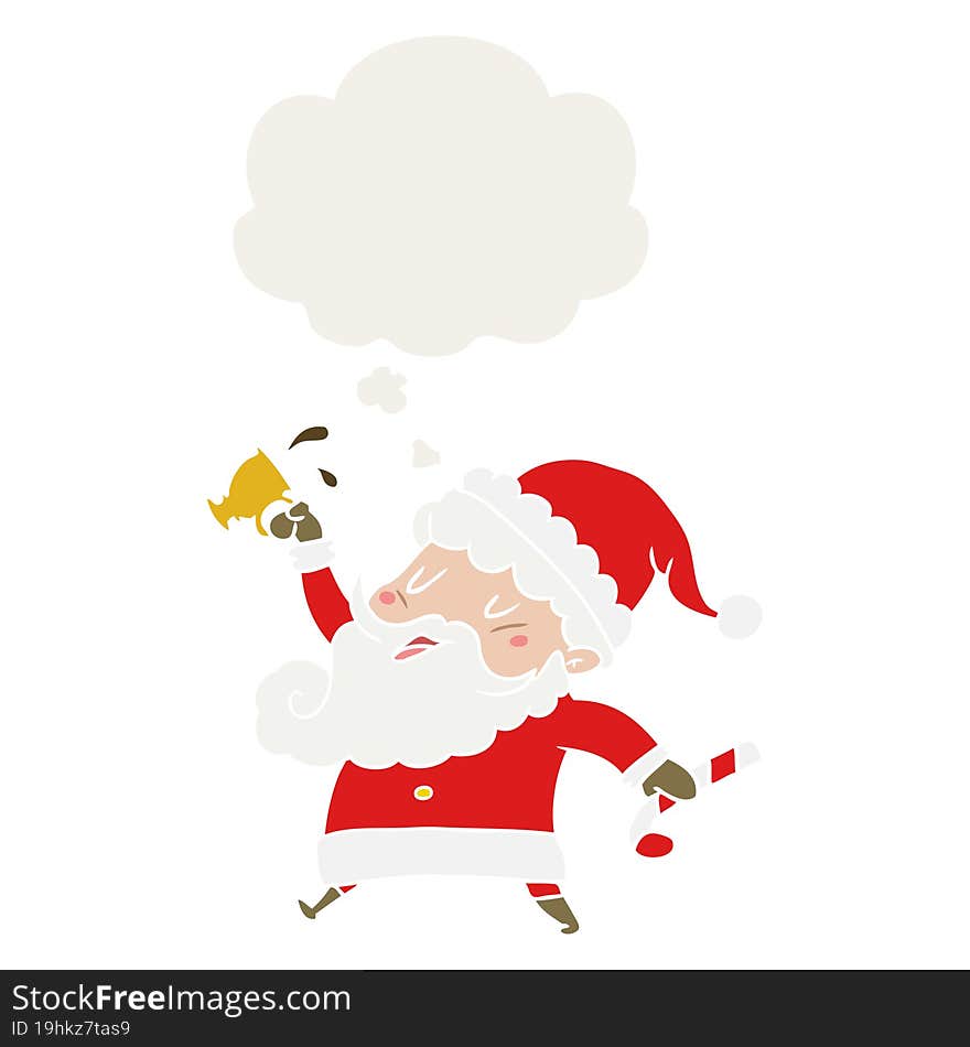 cartoon santa claus with hot cocoa with thought bubble in retro style