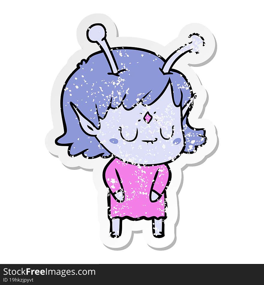 distressed sticker of a cartoon alien girl