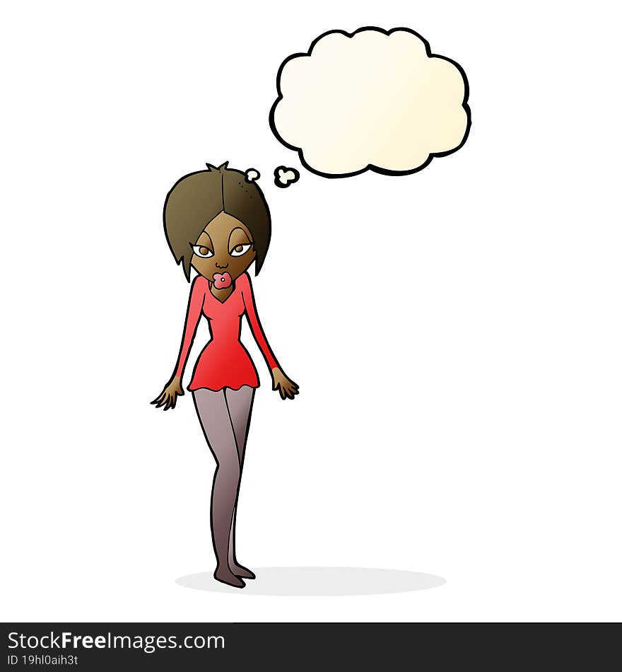 cartoon woman in short dress with thought bubble