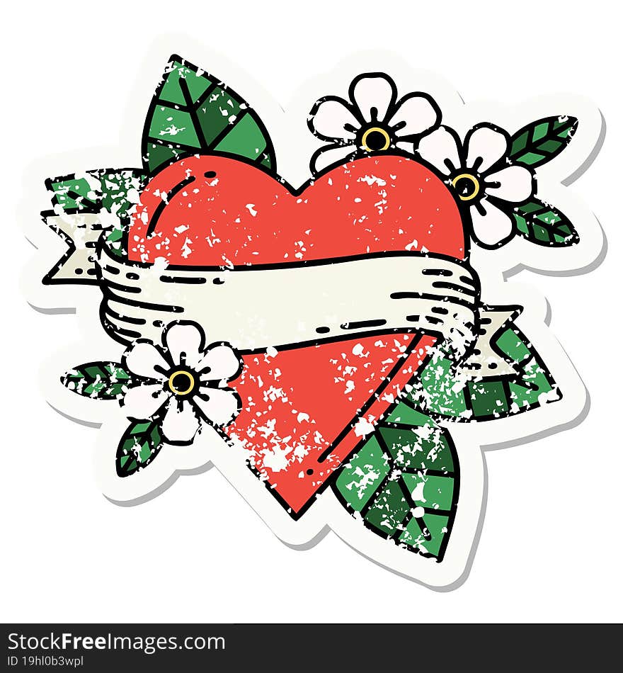 distressed sticker tattoo in traditional style of a heart and banner. distressed sticker tattoo in traditional style of a heart and banner