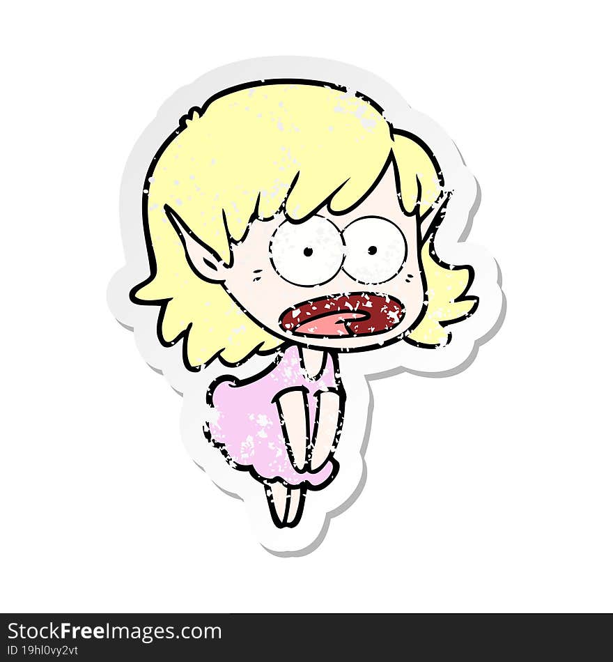 distressed sticker of a cartoon shocked elf girl