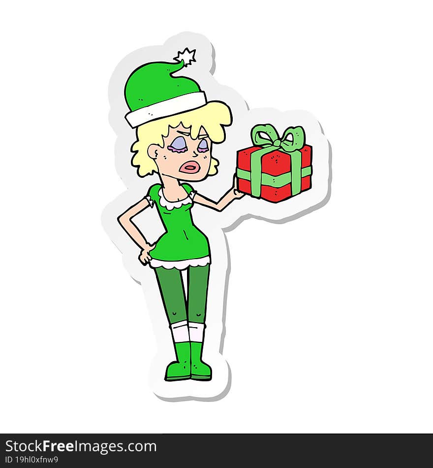 sticker of a santas helper with christmas present