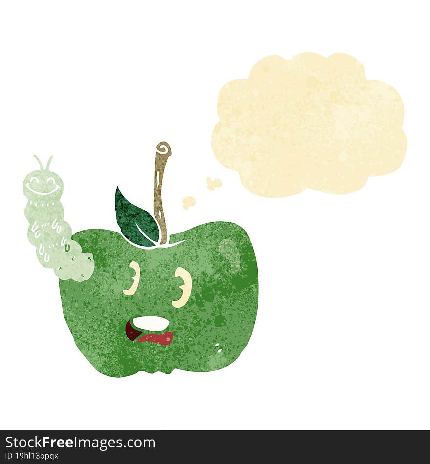 cartoon apple with bug with thought bubble