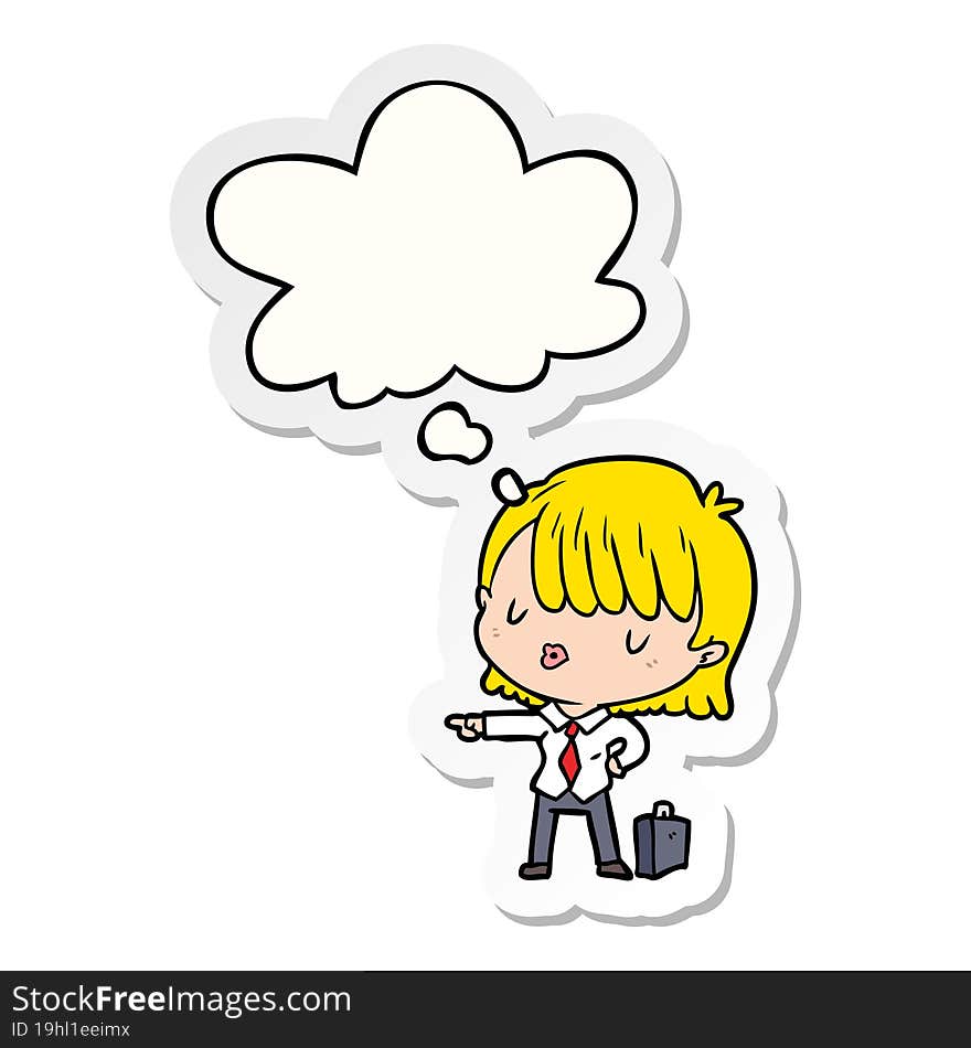 cartoon efficient businesswoman and thought bubble as a printed sticker