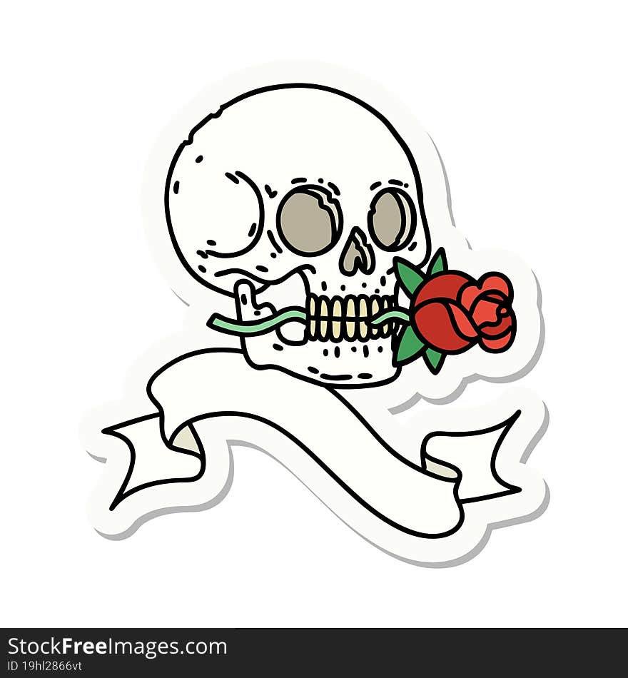 tattoo sticker with banner of a skull and rose