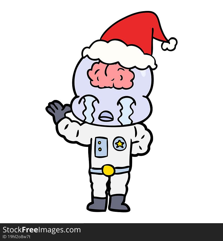 line drawing of a big brain alien crying wearing santa hat