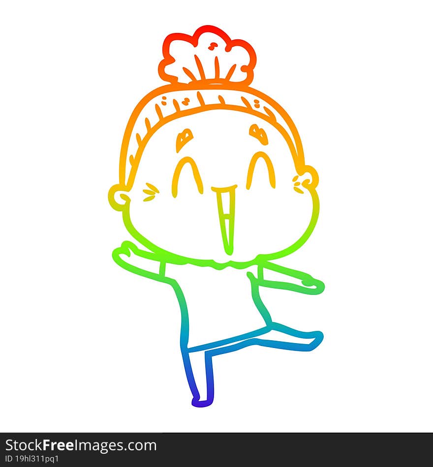 rainbow gradient line drawing of a cartoon happy old lady