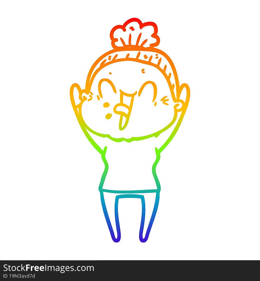 rainbow gradient line drawing of a cartoon happy old woman