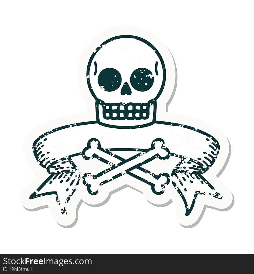 grunge sticker with banner of a skull and bones