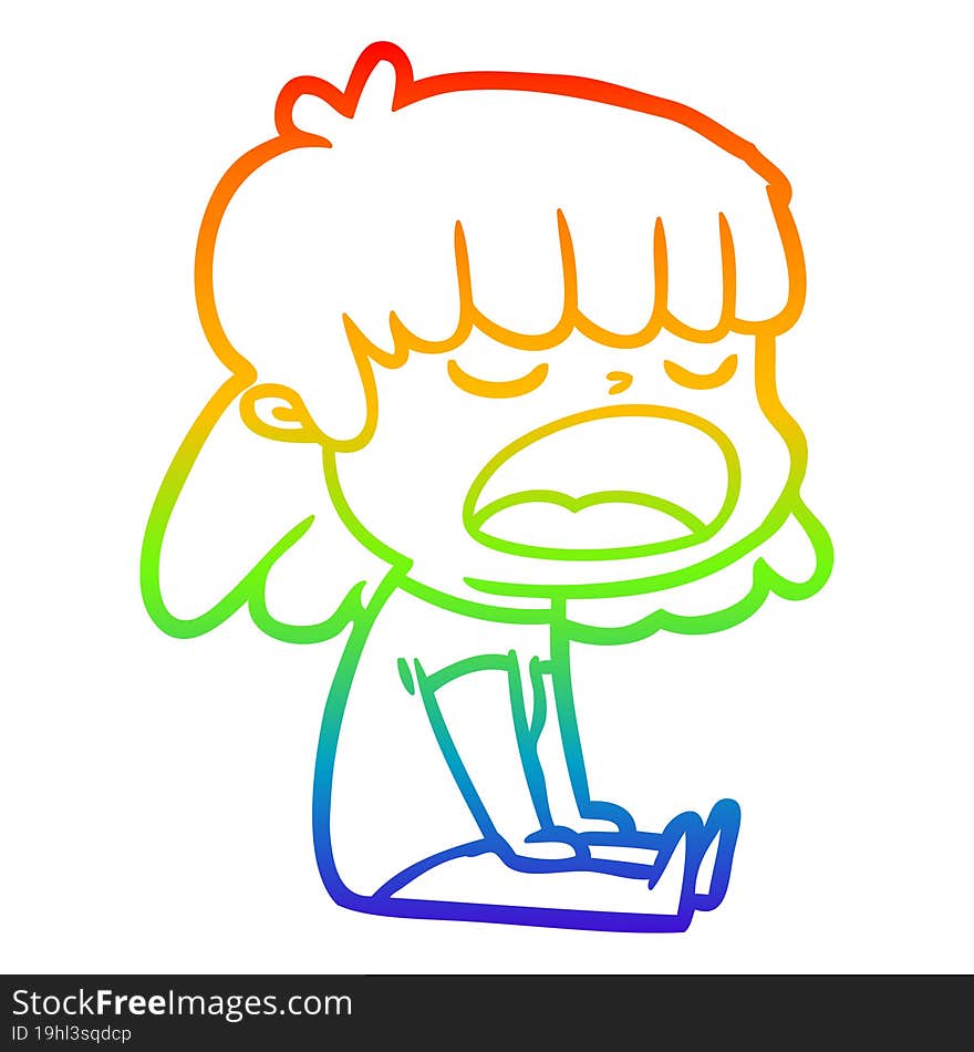 rainbow gradient line drawing of a cartoon woman talking loudly