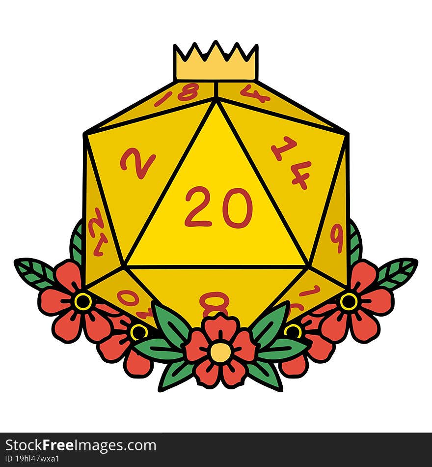 natural 20 D20 dice roll with floral elements illustration