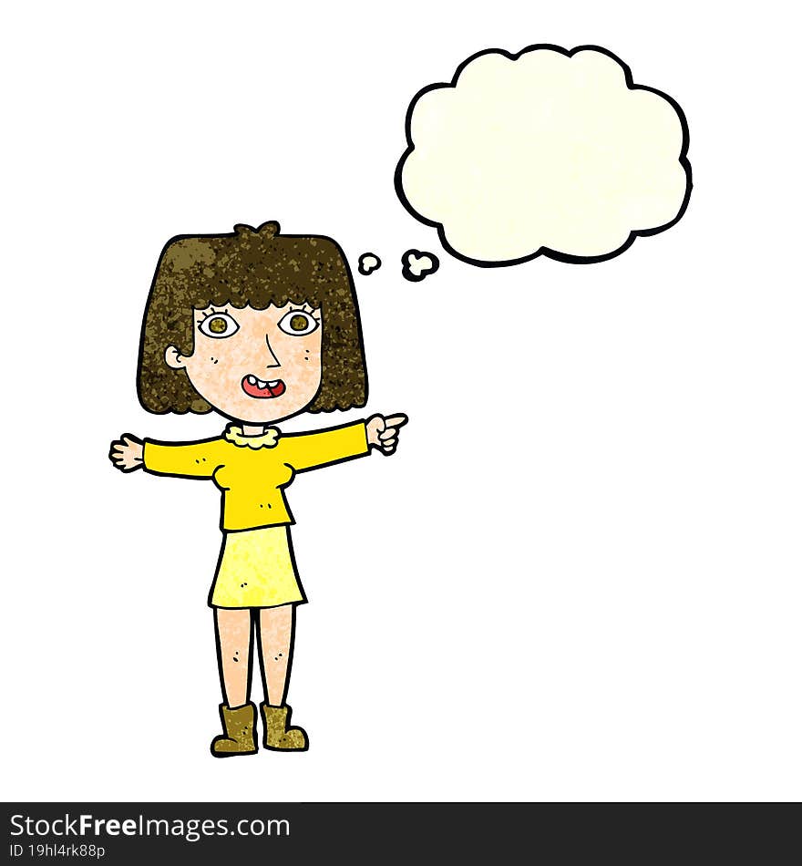 cartoon happy woman pointing with thought bubble