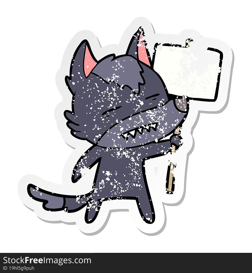 distressed sticker of a cartoon wolf with sign post showing teeth