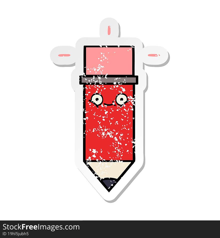 distressed sticker of a cute cartoon pencil