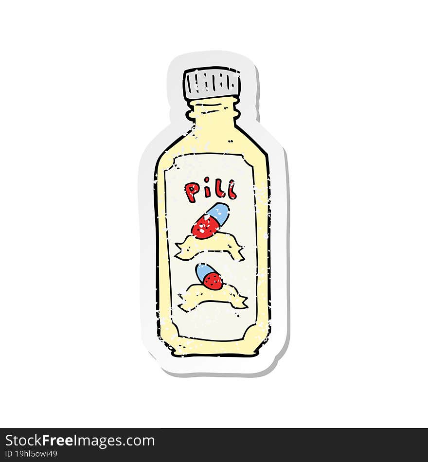 Retro Distressed Sticker Of A Cartoon Old Bottle Of Pills