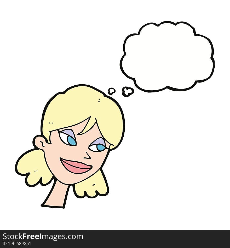 cartoon happy female face with thought bubble