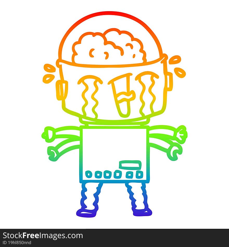 rainbow gradient line drawing cartoon crying robot