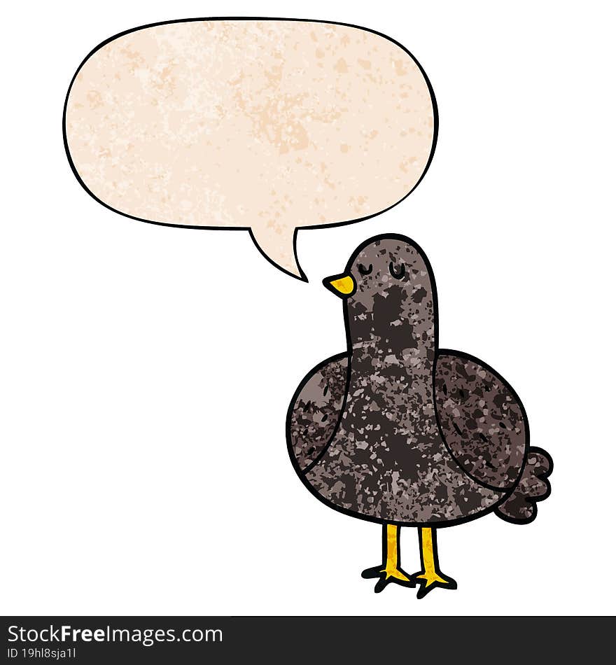 cartoon bird with speech bubble in retro texture style