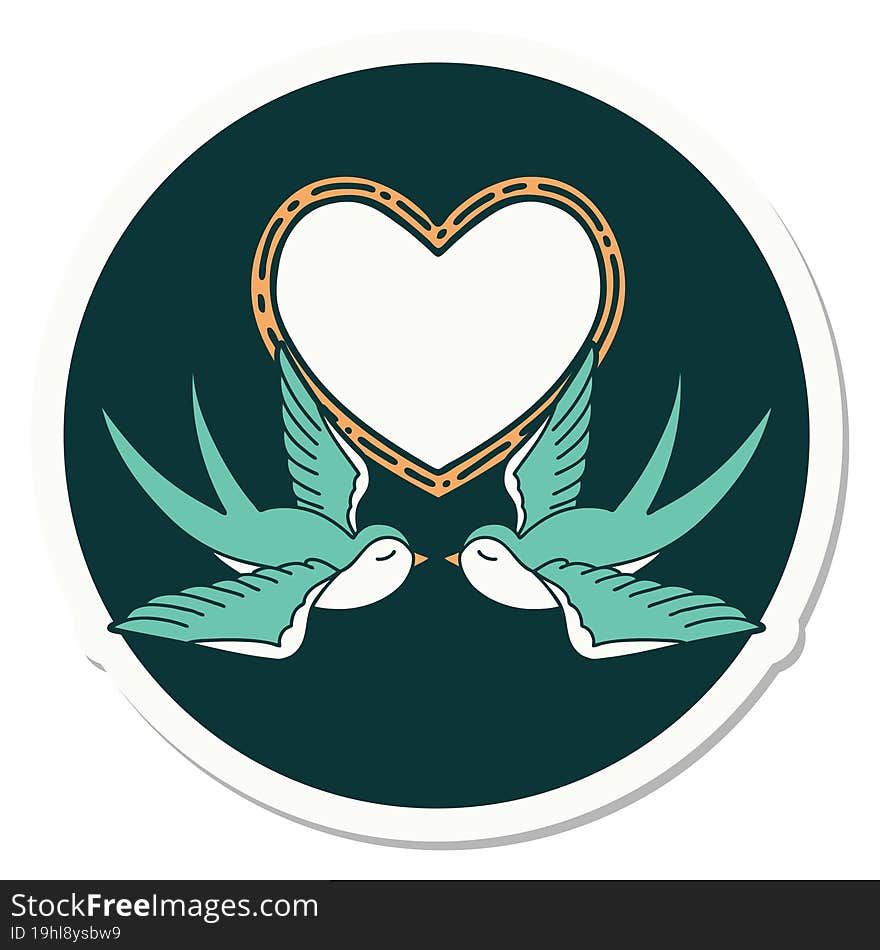 sticker of tattoo in traditional style of swallows and a heart. sticker of tattoo in traditional style of swallows and a heart