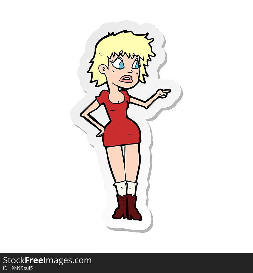 sticker of a cartoon worried woman in dress pointing