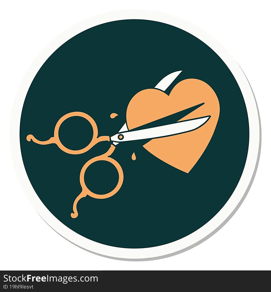 sticker of tattoo in traditional style of scissors cutting a heart. sticker of tattoo in traditional style of scissors cutting a heart