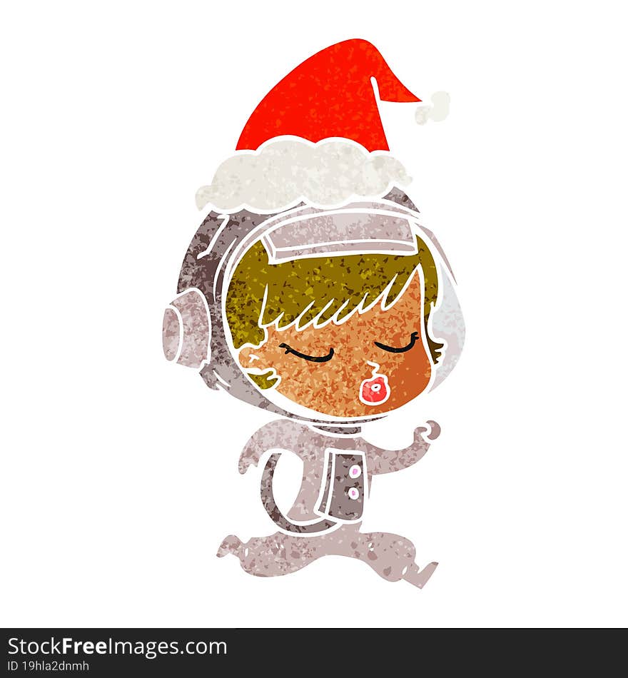 retro cartoon of a pretty astronaut girl running wearing santa hat