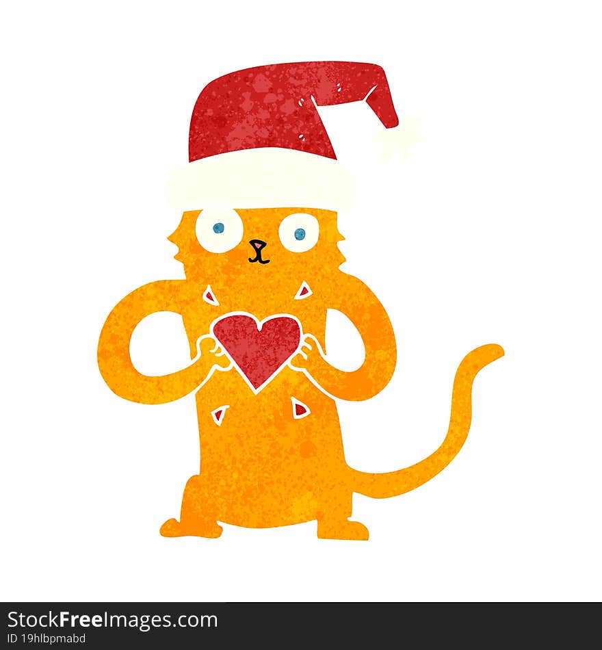 freehand retro cartoon cat loving christmas