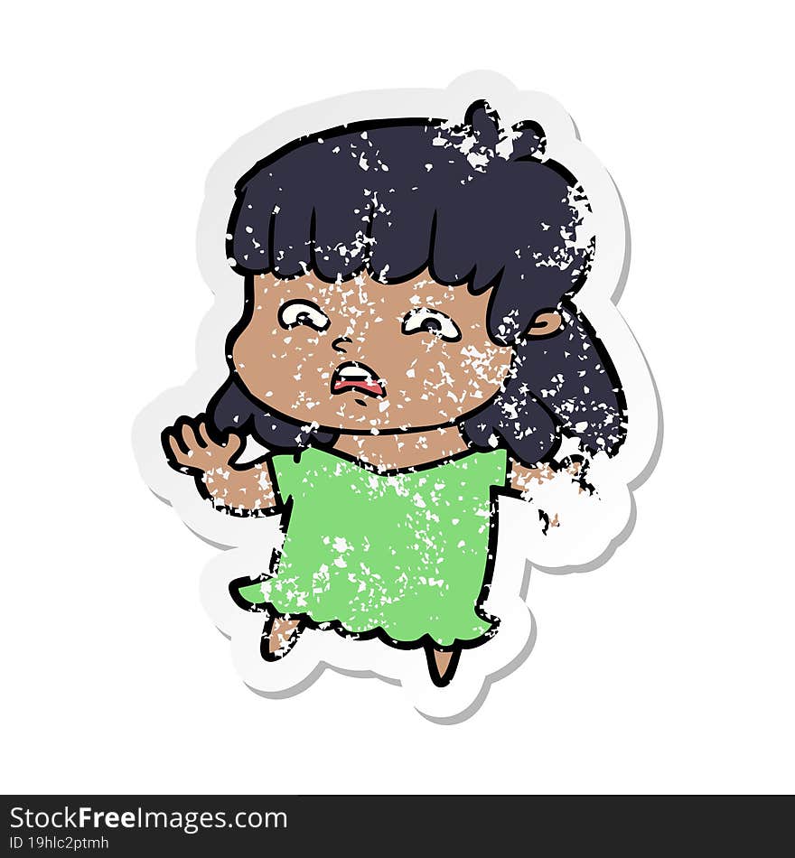 distressed sticker of a cartoon worried woman