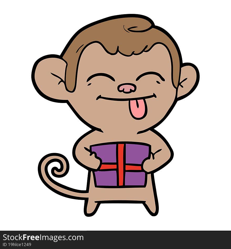 funny cartoon monkey with christmas present. funny cartoon monkey with christmas present