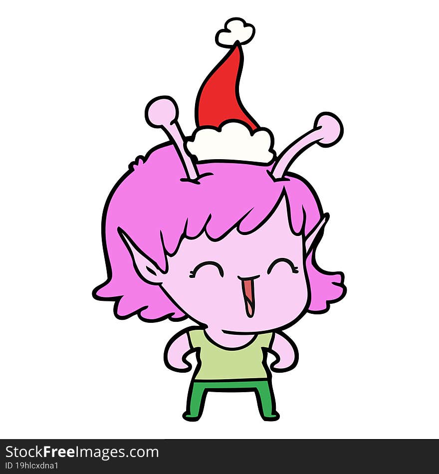 Line Drawing Of A Alien Girl Laughing Wearing Santa Hat