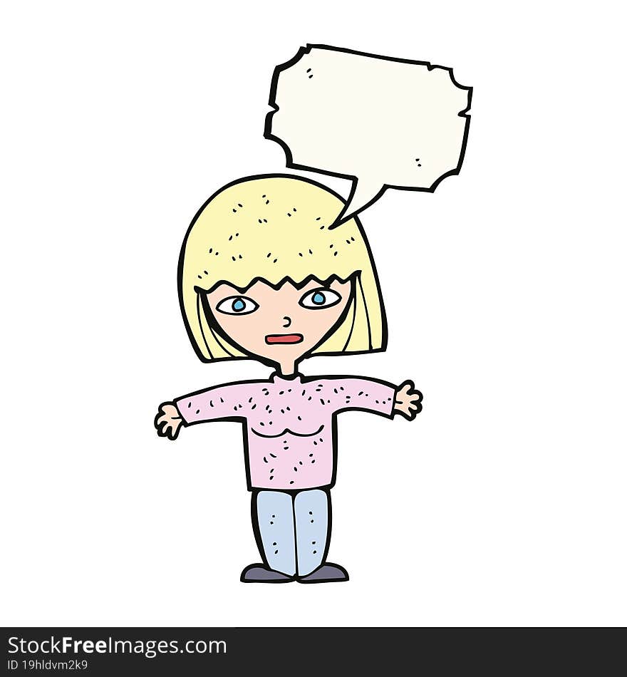 cartoon woman with open arms with speech bubble