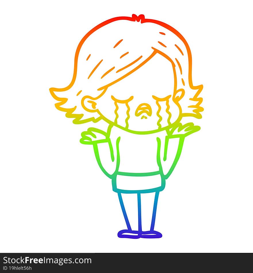 rainbow gradient line drawing of a cartoon girl crying