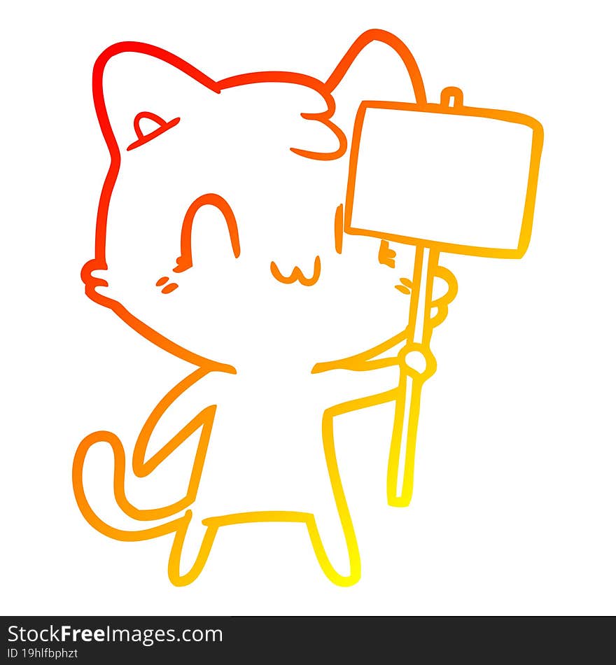 warm gradient line drawing cartoon happy cat with blank sign