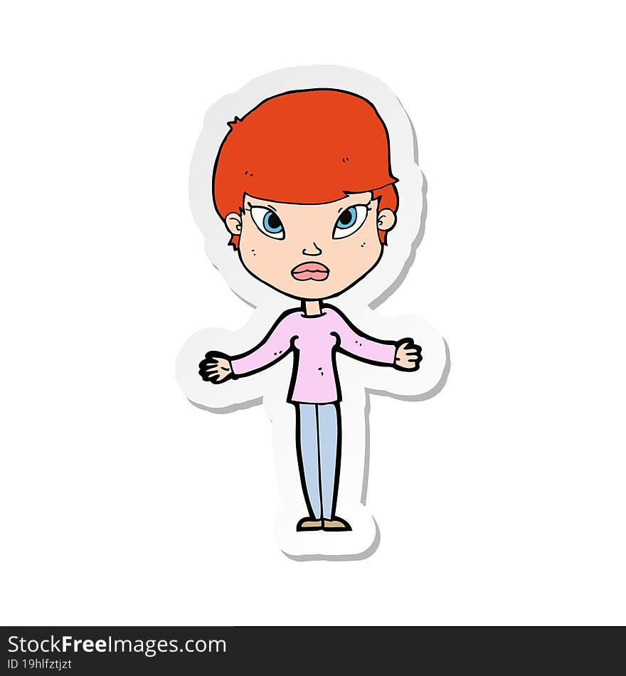 Sticker Of A Cartoon Woman Shrugging Shoulders