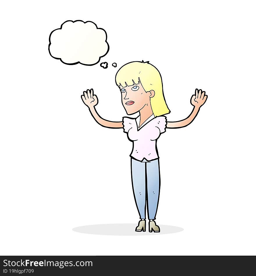 cartoon woman throwing hands in air with thought bubble