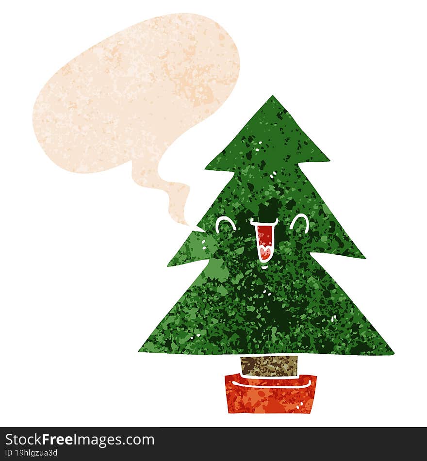 Cartoon Christmas Tree And Speech Bubble In Retro Textured Style