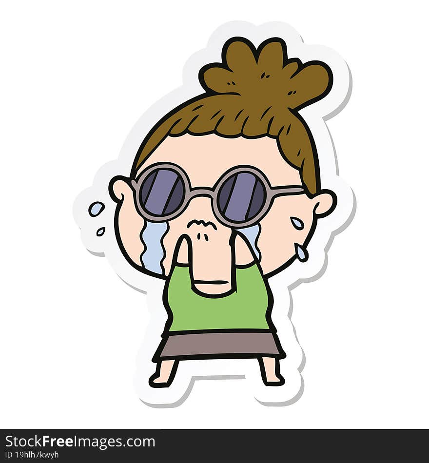 Sticker Of A Cartoon Crying Woman Wearing Sunglasses