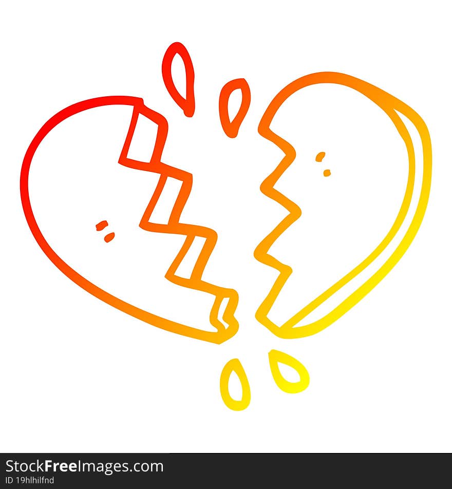 warm gradient line drawing of a cartoon broken heart