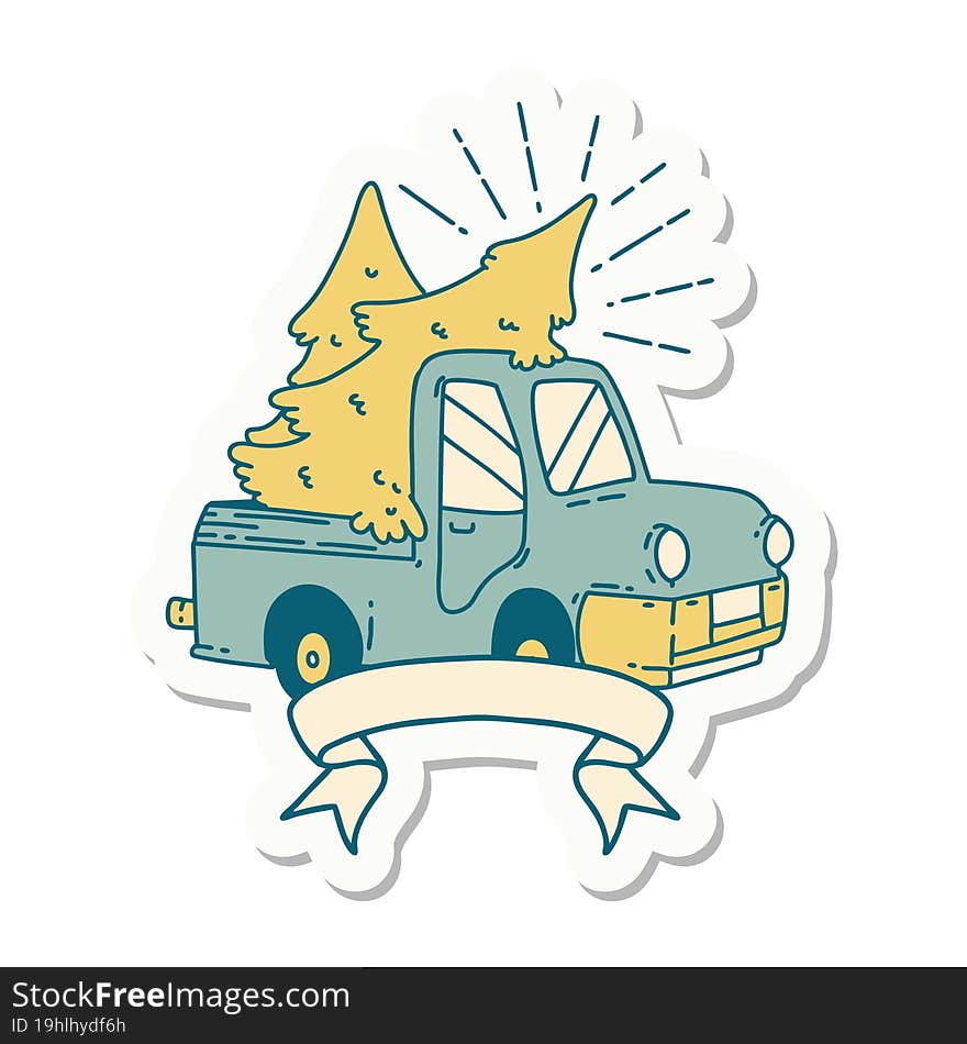 sticker of tattoo style truck carrying trees