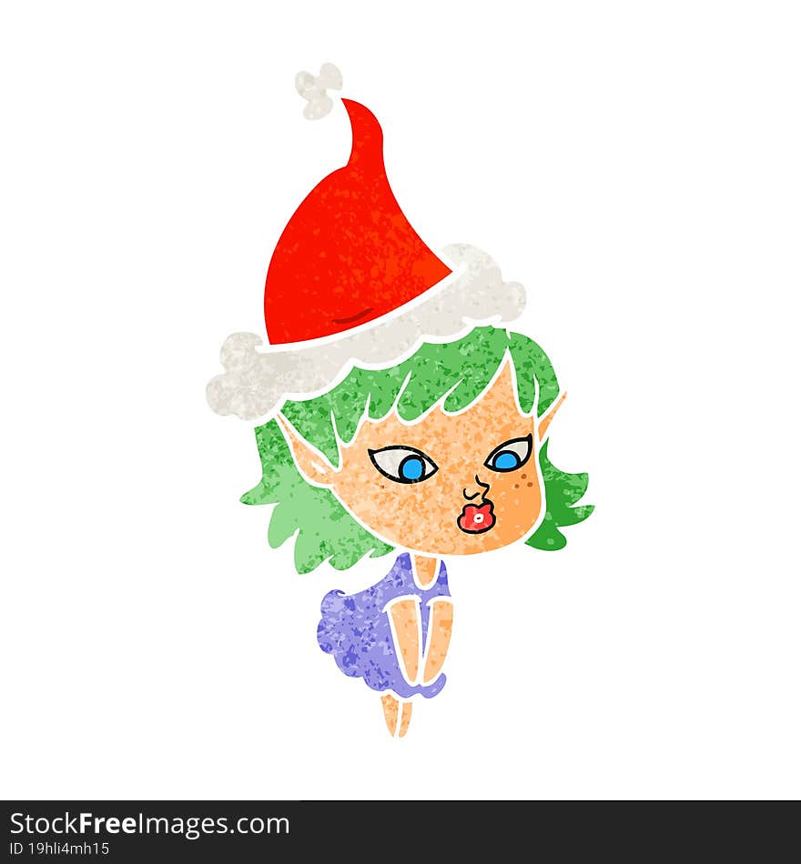 pretty retro cartoon of a elf girl wearing santa hat