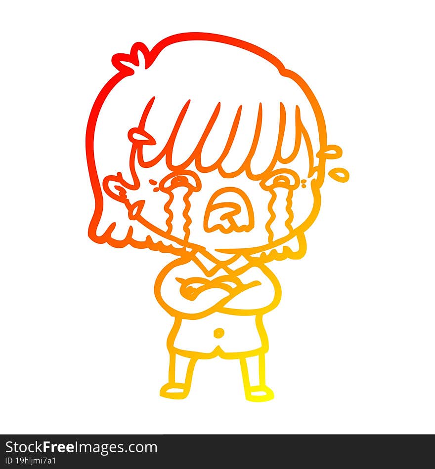 warm gradient line drawing of a cartoon girl crying