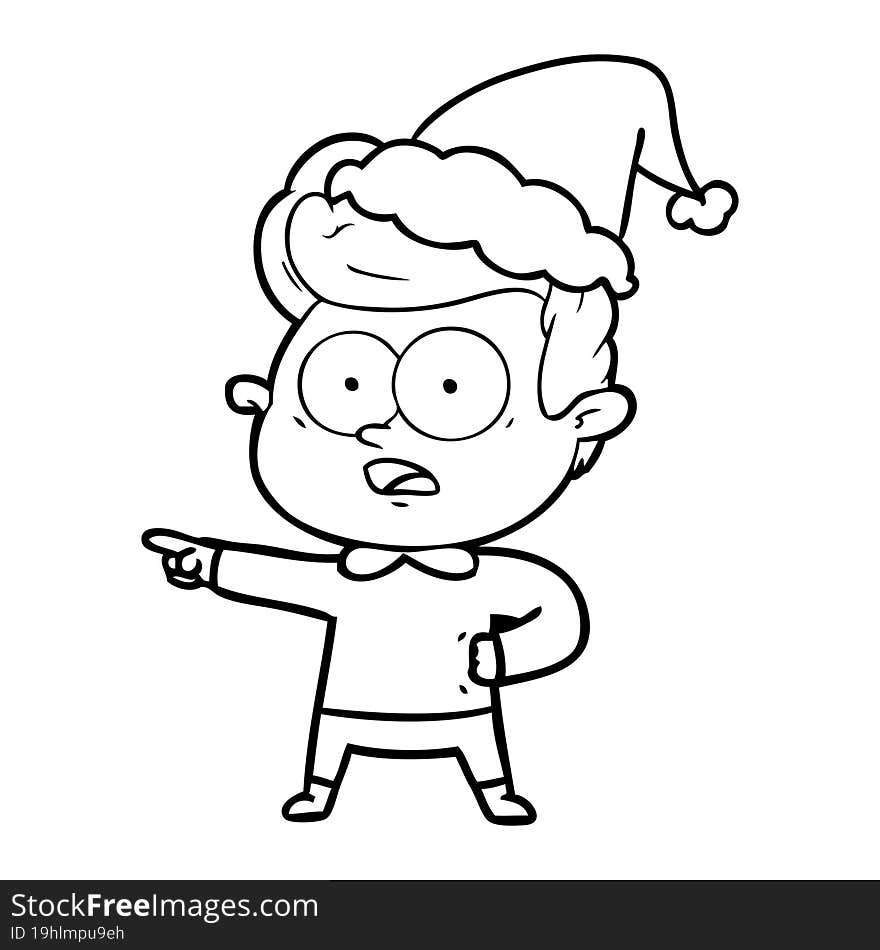 line drawing of a staring man wearing santa hat