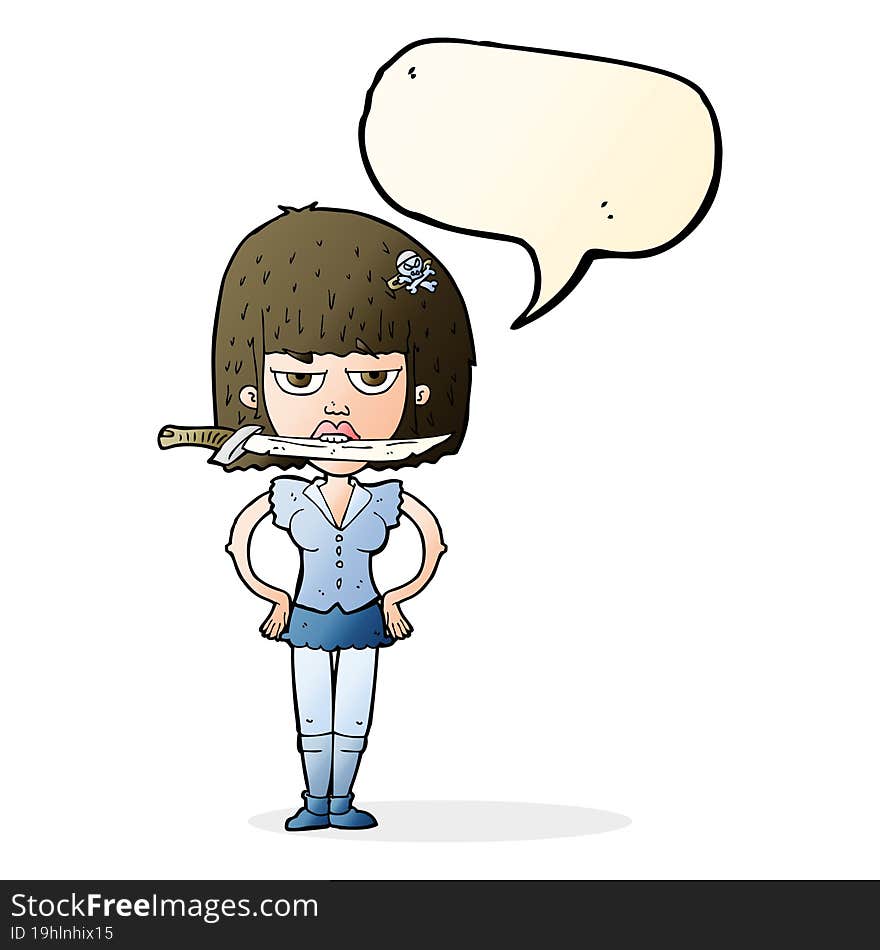 cartoon woman with knife between teeth with speech bubble