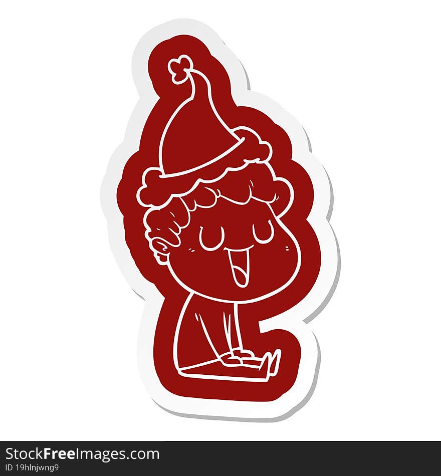 laughing quirky cartoon  sticker of a man wearing santa hat