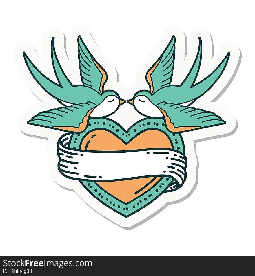 Tattoo Style Sticker Of A Swallows And A Heart With Banner