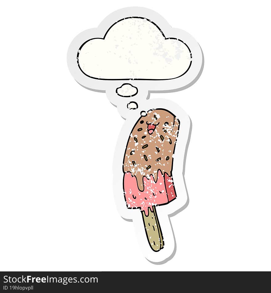 cute cartoon happy ice lolly with thought bubble as a distressed worn sticker