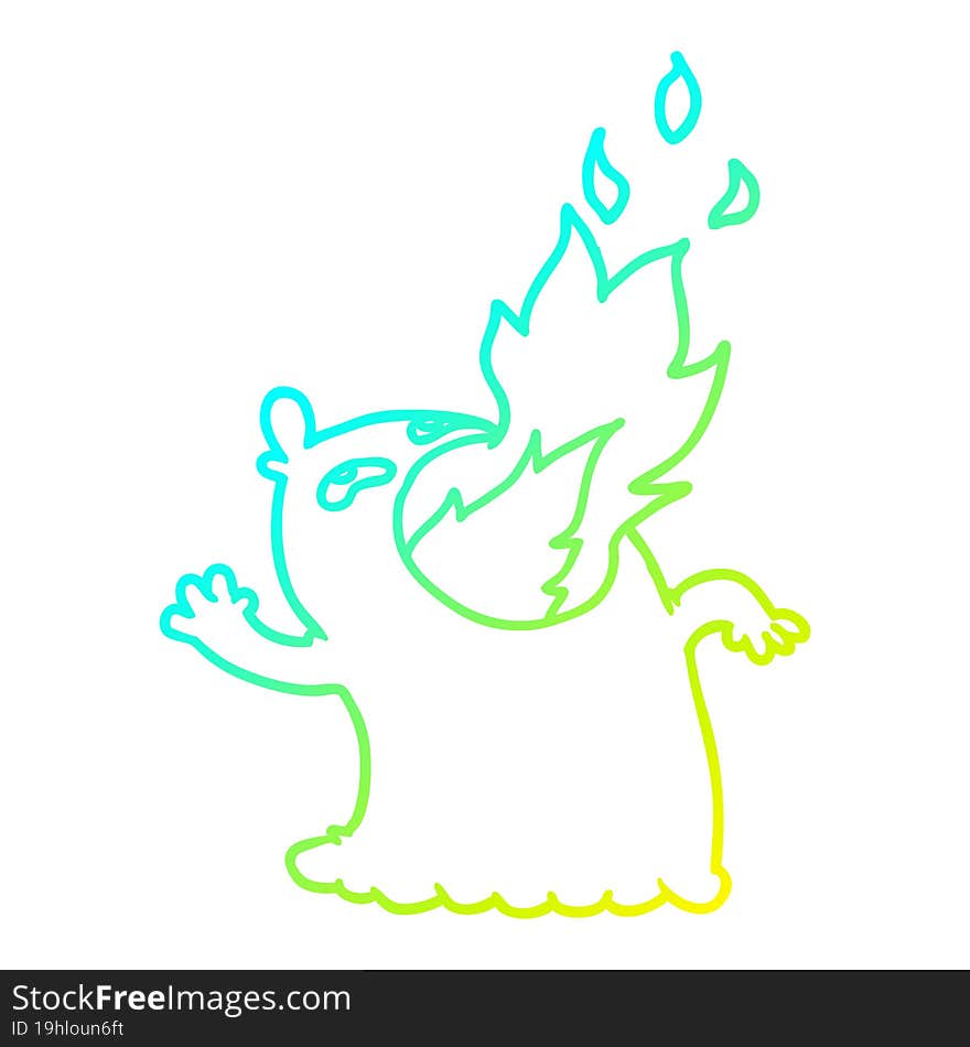 cold gradient line drawing of a cartoon fire breathing ghost